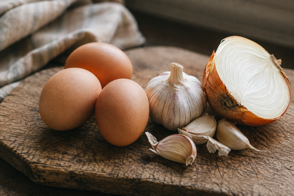 Eggs, garlic and a halved onion arranged on a wooden board