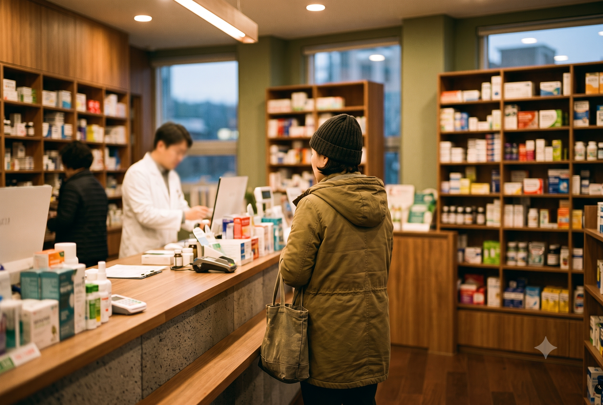 A customer seen from behind at a pharmacy counter