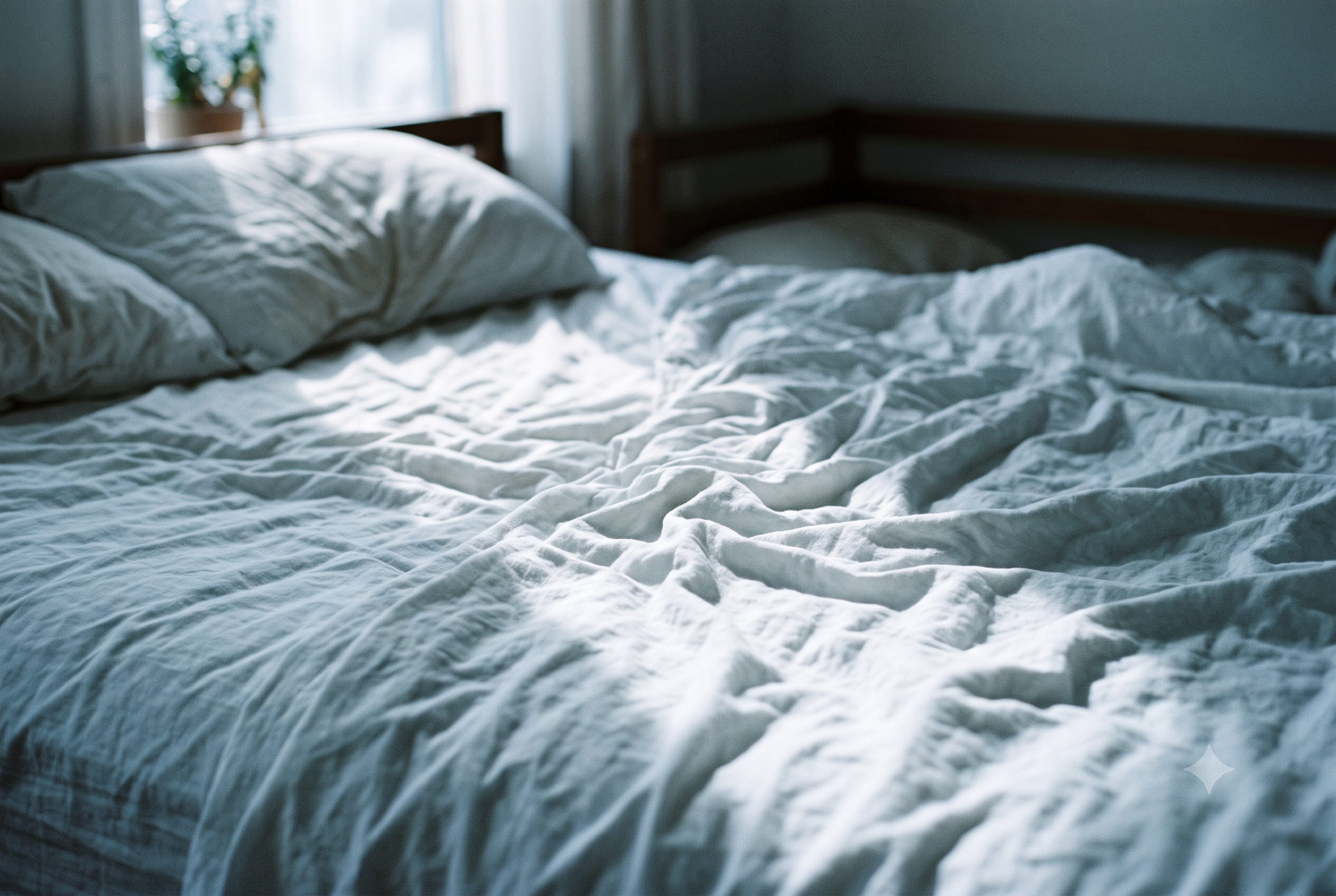 Early morning light falling across rumpled white bedsheets