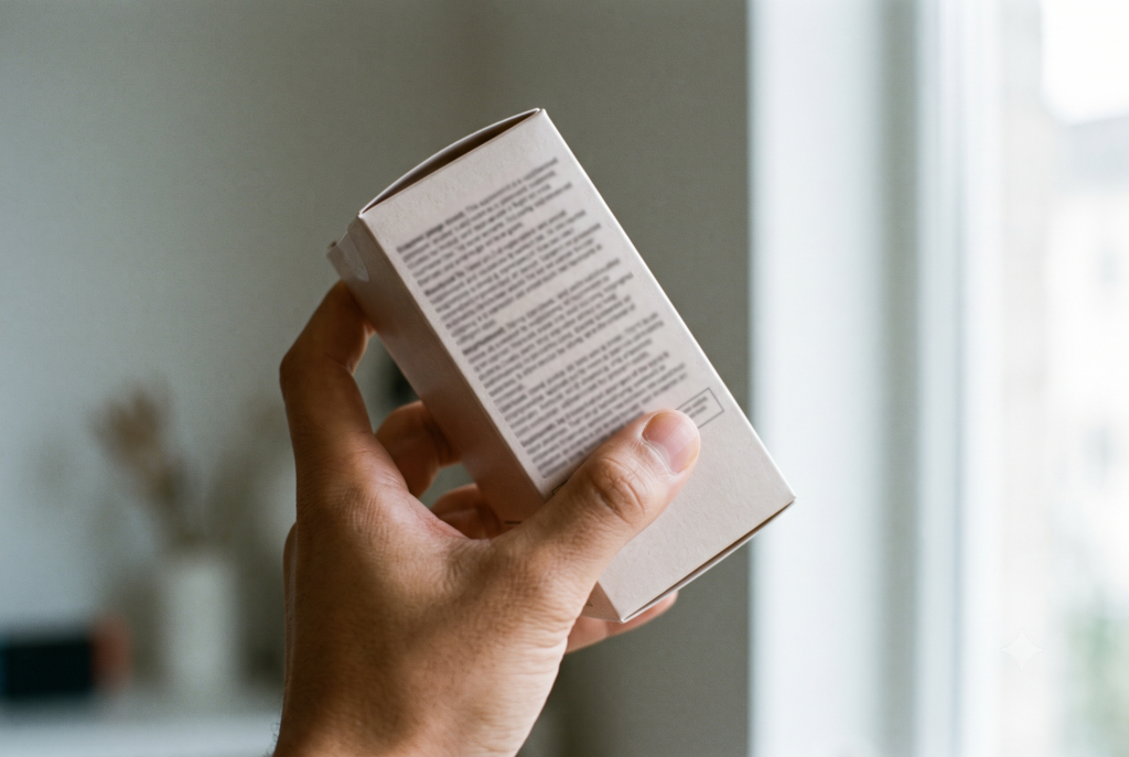 A hand tilting a supplement carton toward the light to read its back panel