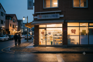 A neighbourhood pharmacy storefront lit from within at dusk