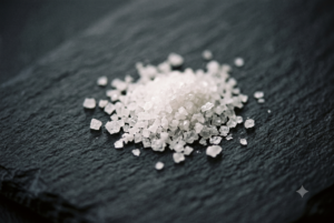 Coarse white salt crystals on a dark slate surface