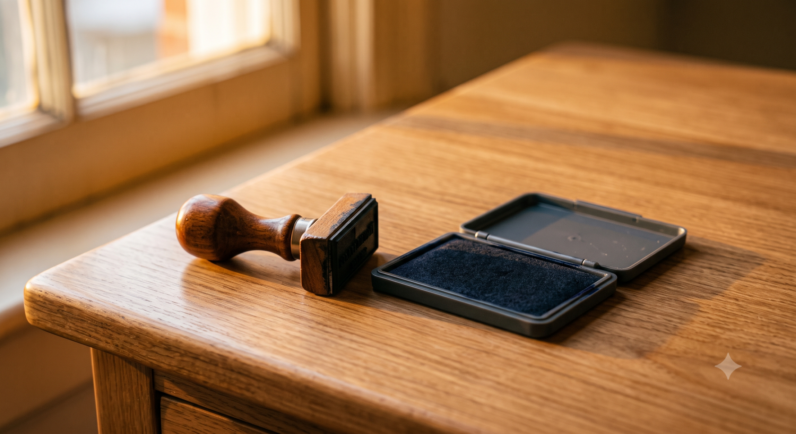 A rubber stamp and open ink pad on a worn wooden deskA rubber stamp and open ink pad on a worn wooden desk