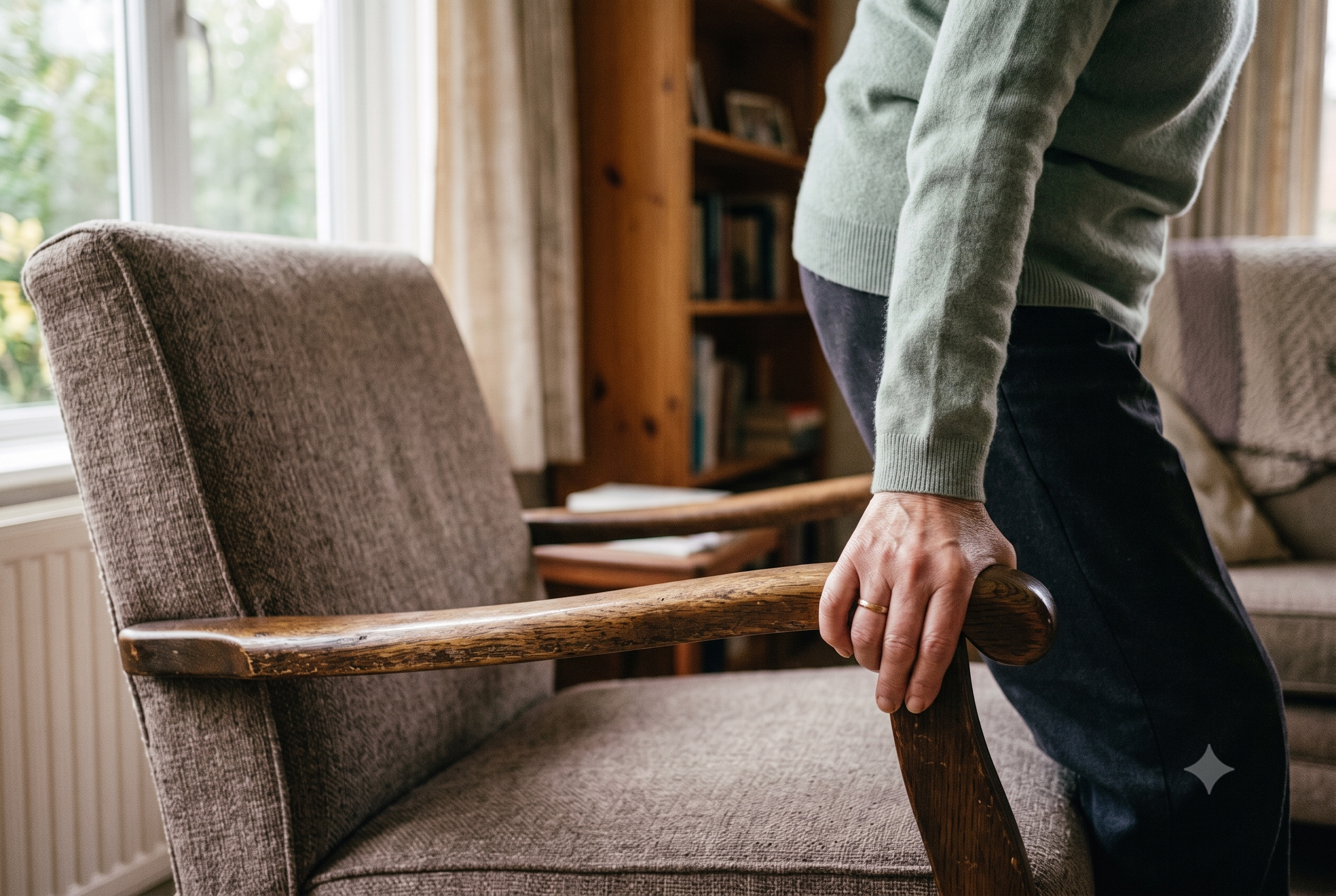 Hands pressing down on chair armrests while standing up