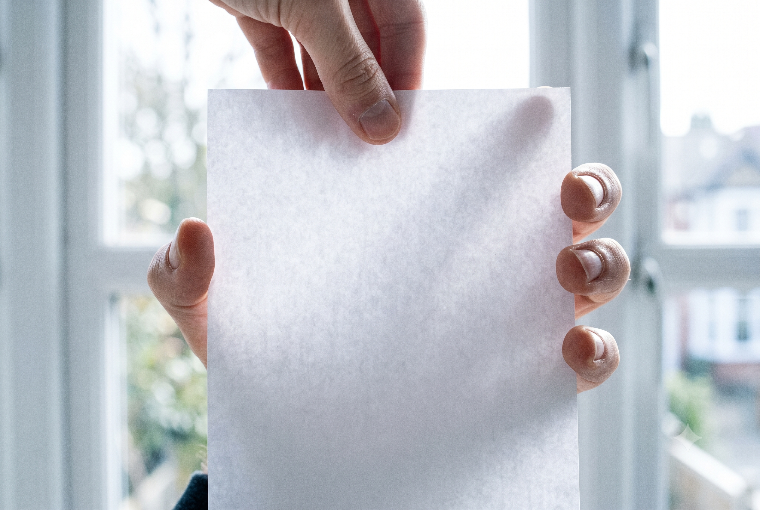 A sheet of paper held up to a bright window, light showing through