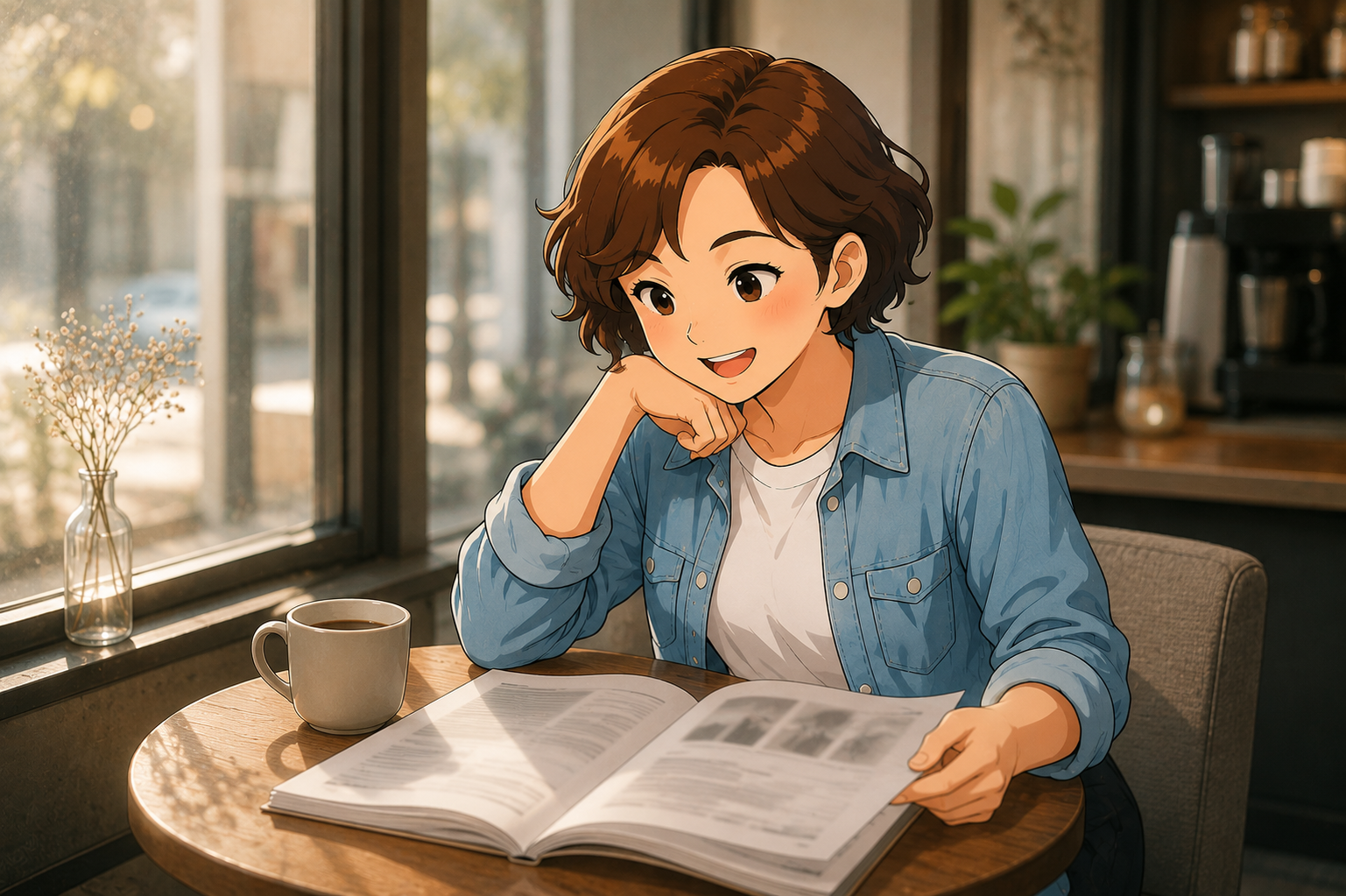 A woman at a cafe table unfolding a printed lab report beside a cup of coffee
