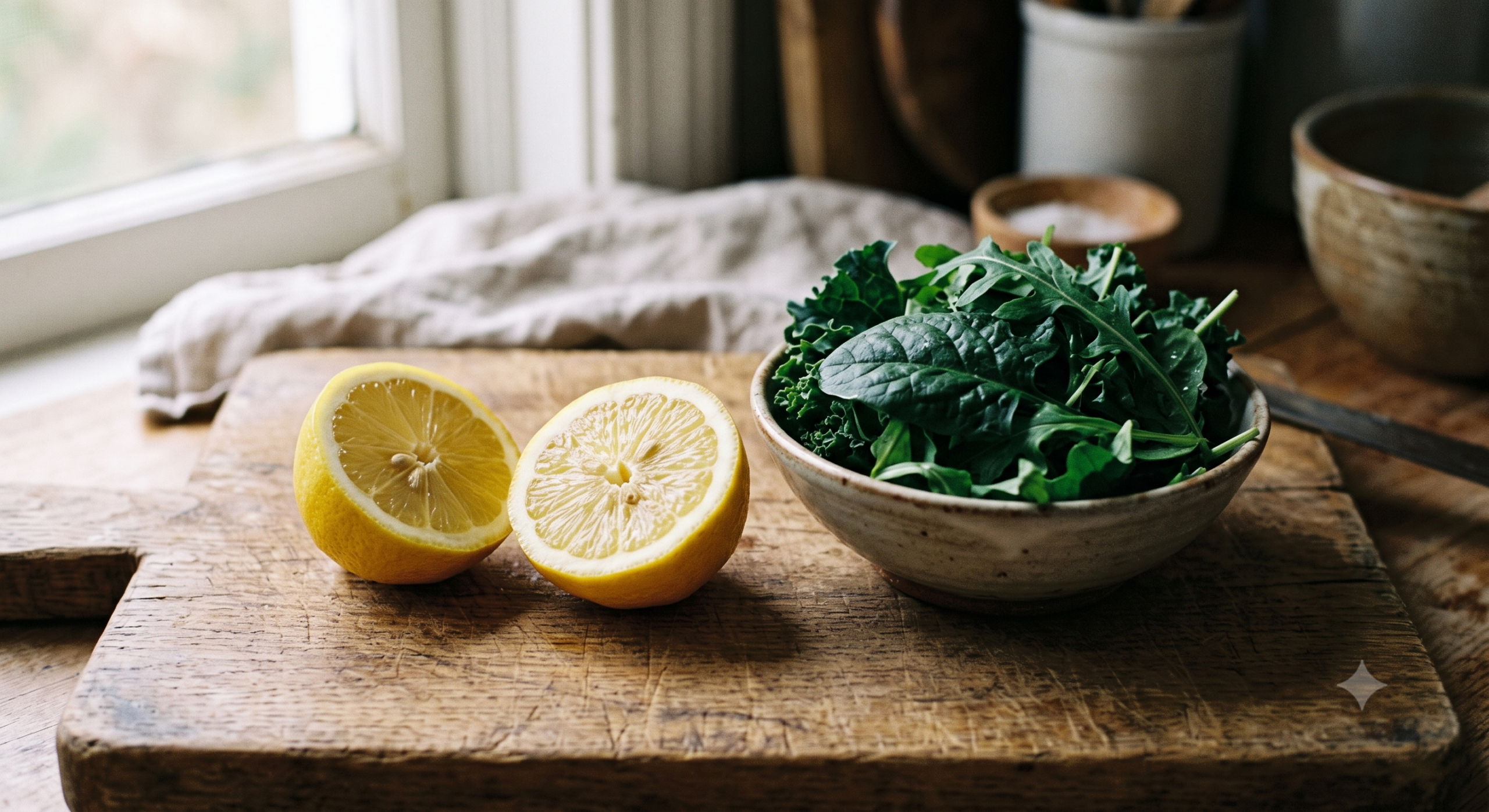 A halved lemon beside a small bowl of dark leafy greens on a wooden boardA halved lemon beside a small bowl of dark leafy greens on a wooden board