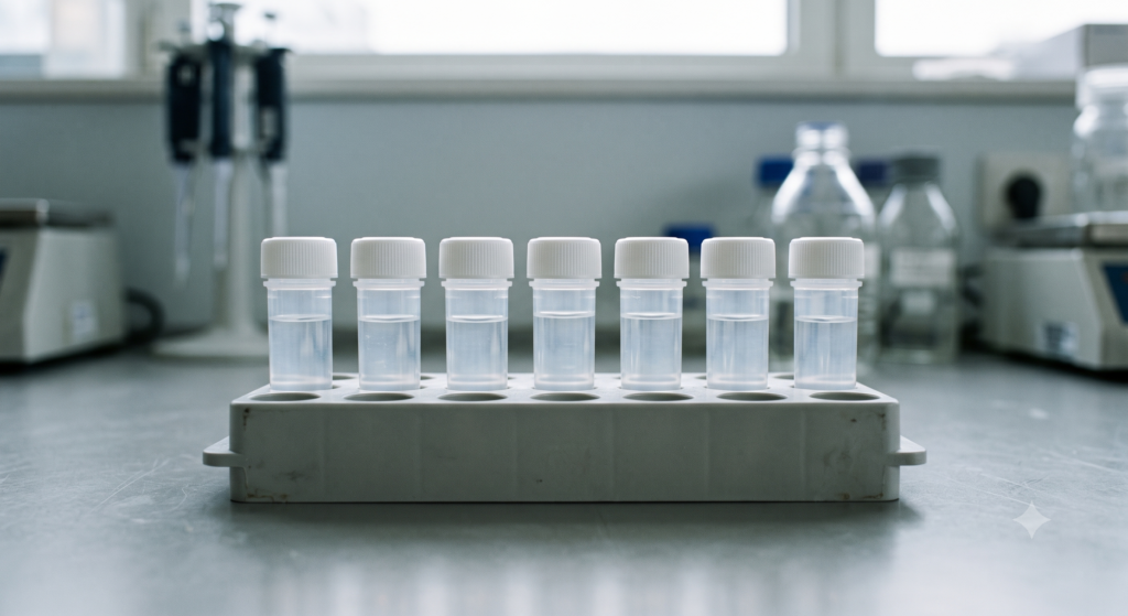 Gut Microbiome Testing: Current Limits 2 Seven identical small sample vials with white caps standing in a row in a rack