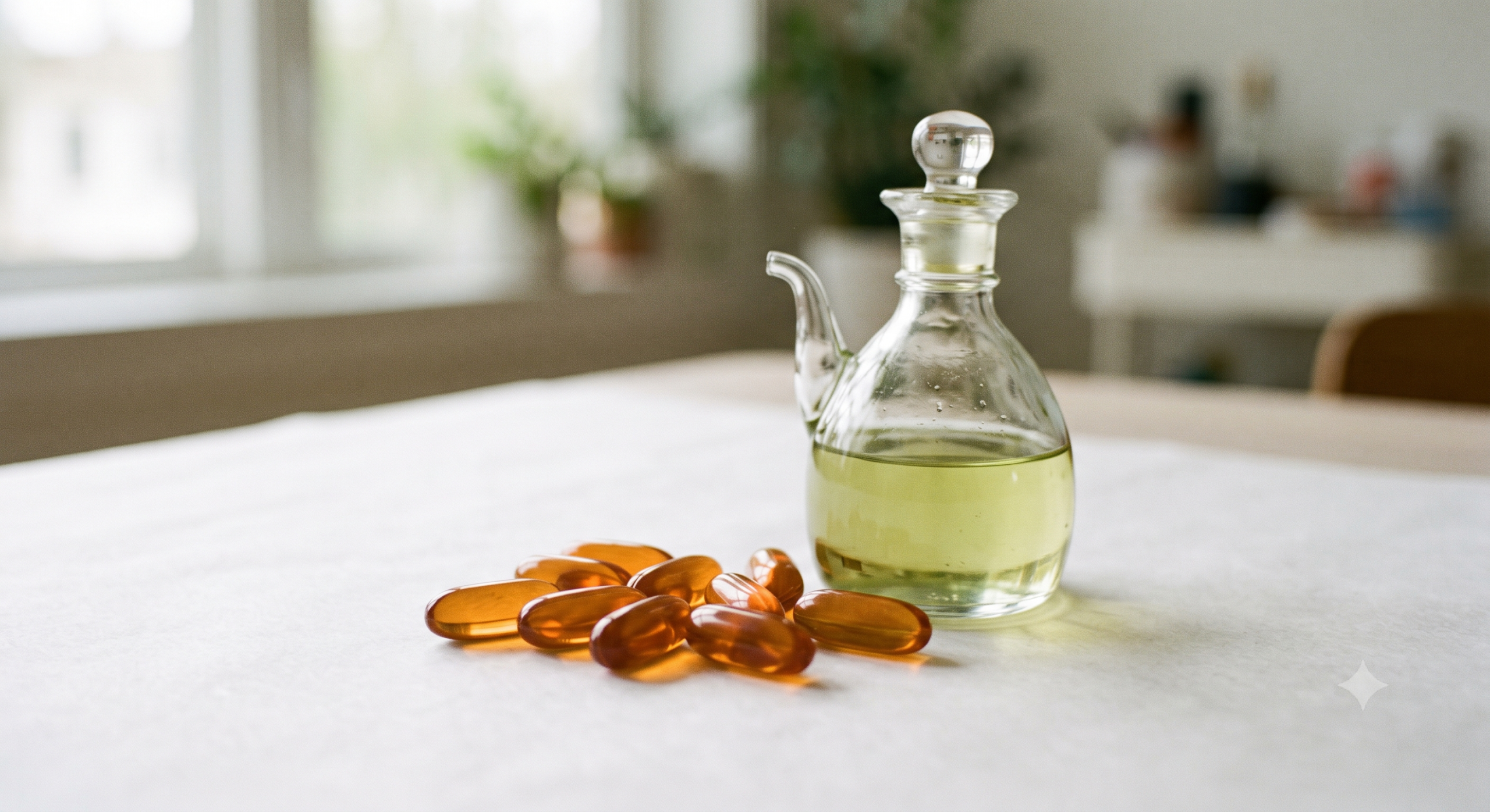 Amber soft gelatin capsules beside a small glass cruet of pale olive oil