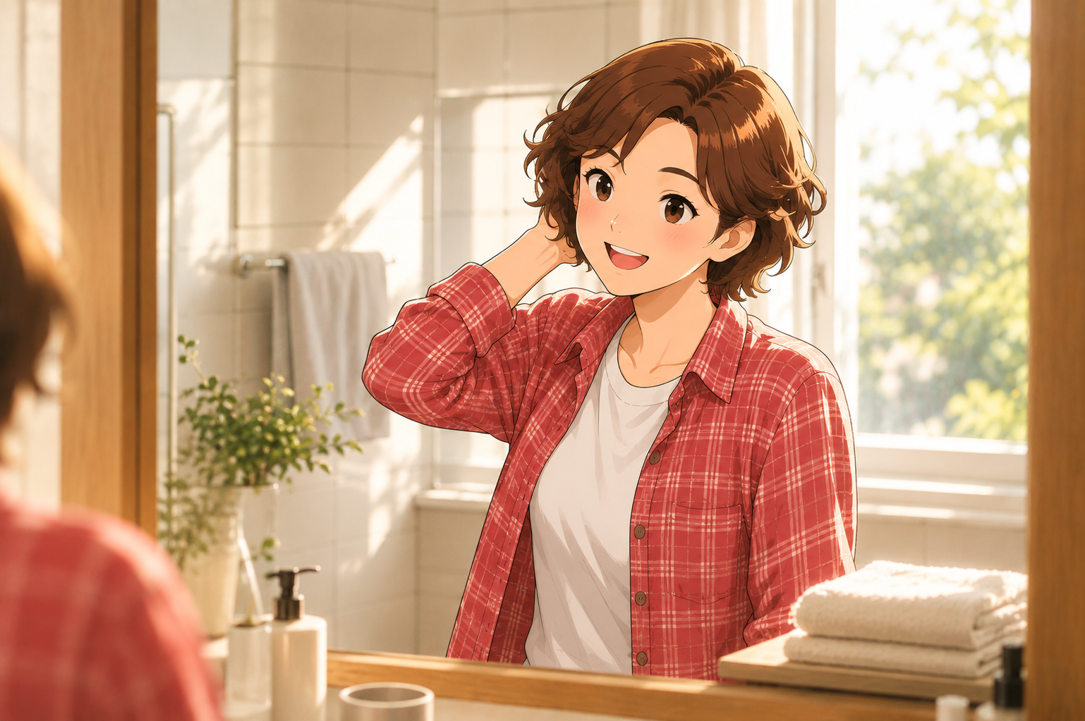 A woman at a bathroom mirror in morning light tucking her hair behind one ear