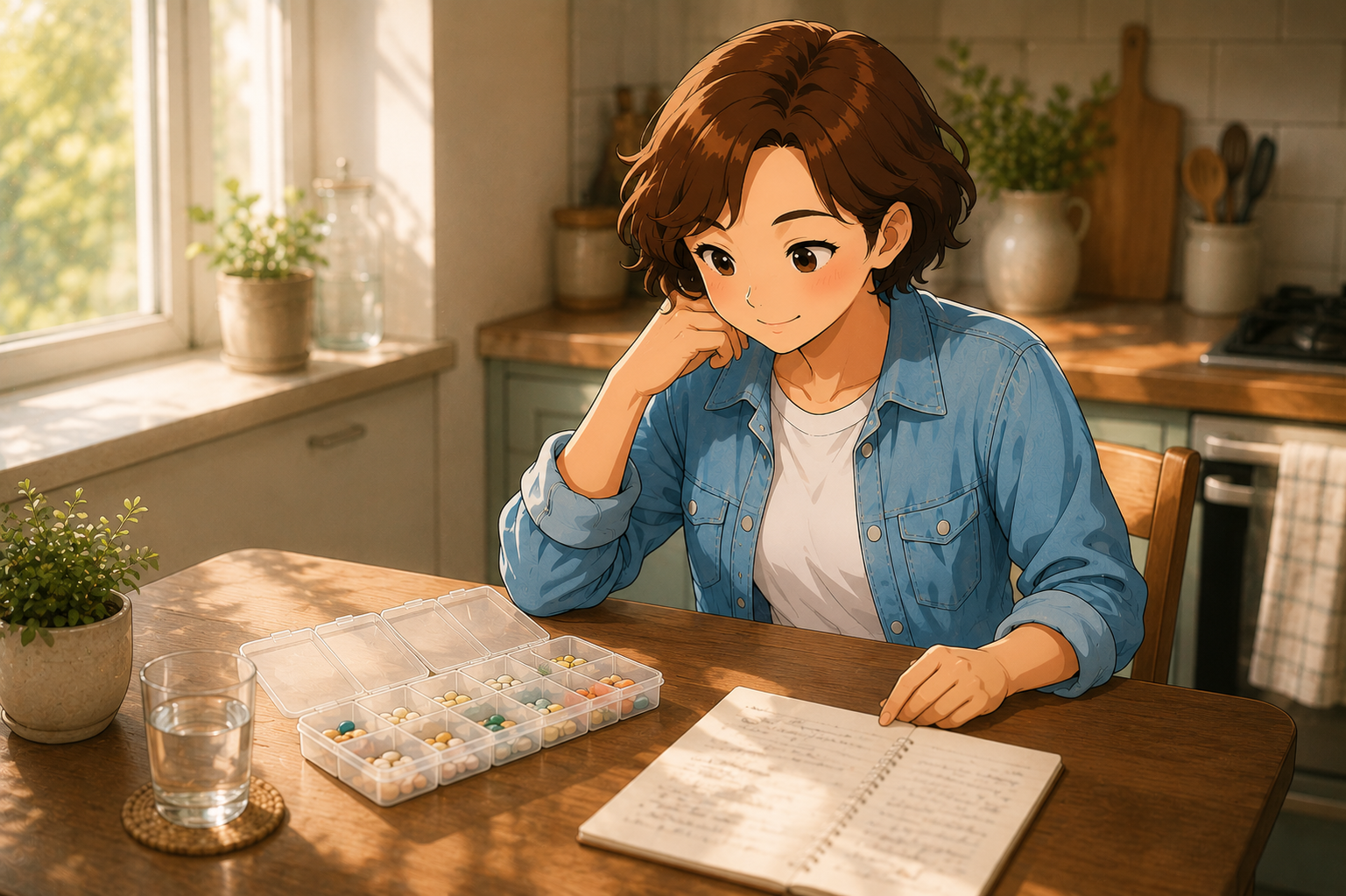 A woman at a kitchen table with an open weekly organizer and a handwritten list