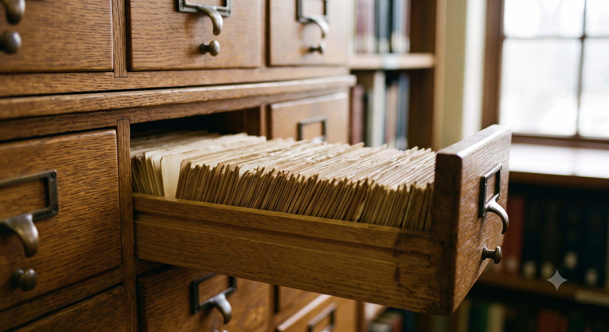 An old library card catalogue with one drawer pulled partly open showing rows of index cards