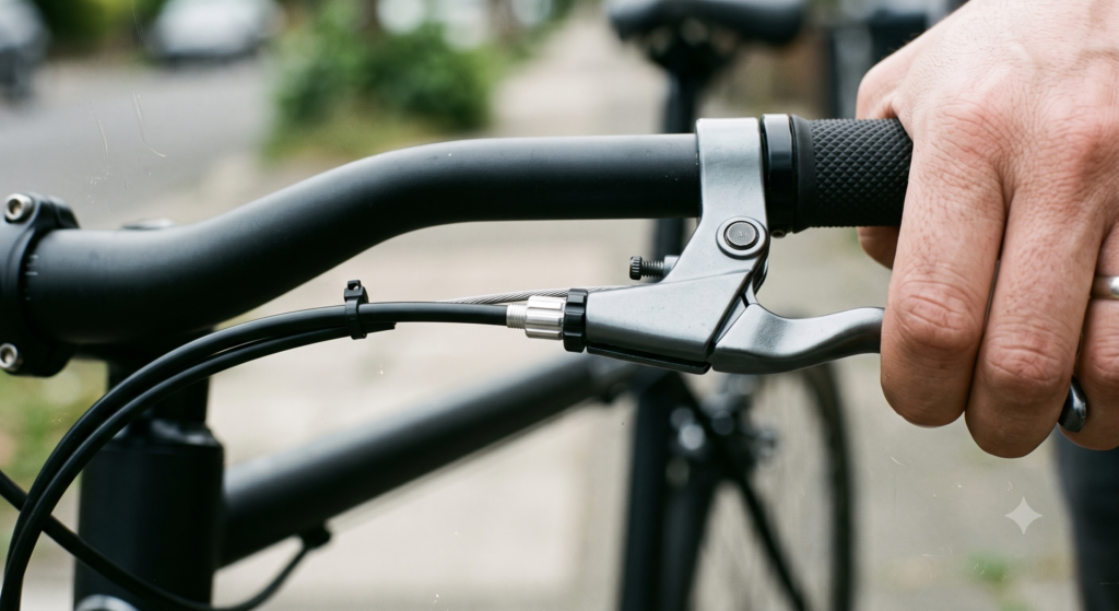 Close-up of a bicycle brake lever and cable on a handlebar
