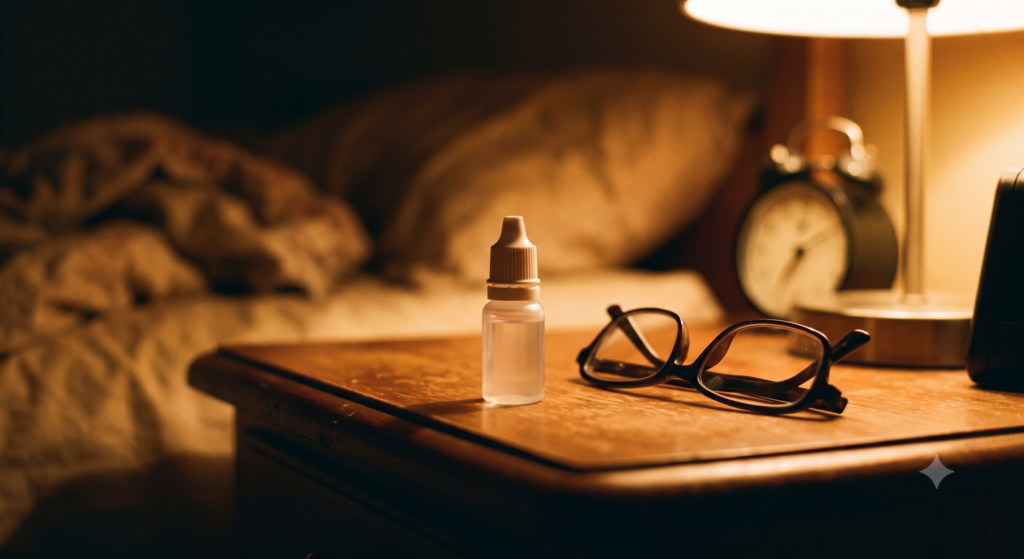 A small unlabelled eye drop bottle on a bedside table beside folded reading glasses
