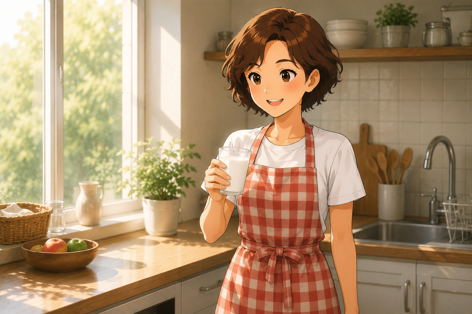 A woman standing by a bright kitchen window holding a glass of milk in morning sunlight