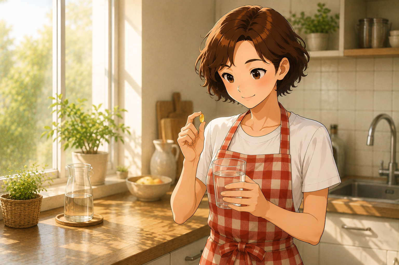 A woman at a kitchen counter holding a glass of water and a single amber softgel capsule