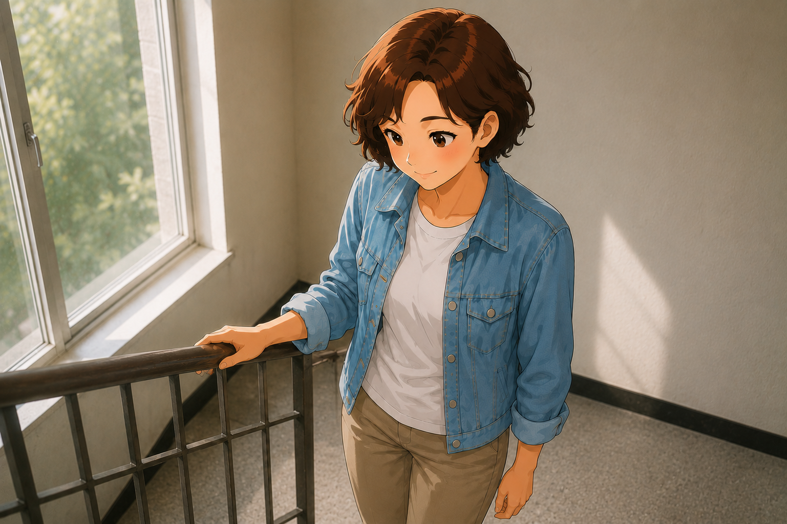 A woman pausing on a staircase landing with one hand on the handrail