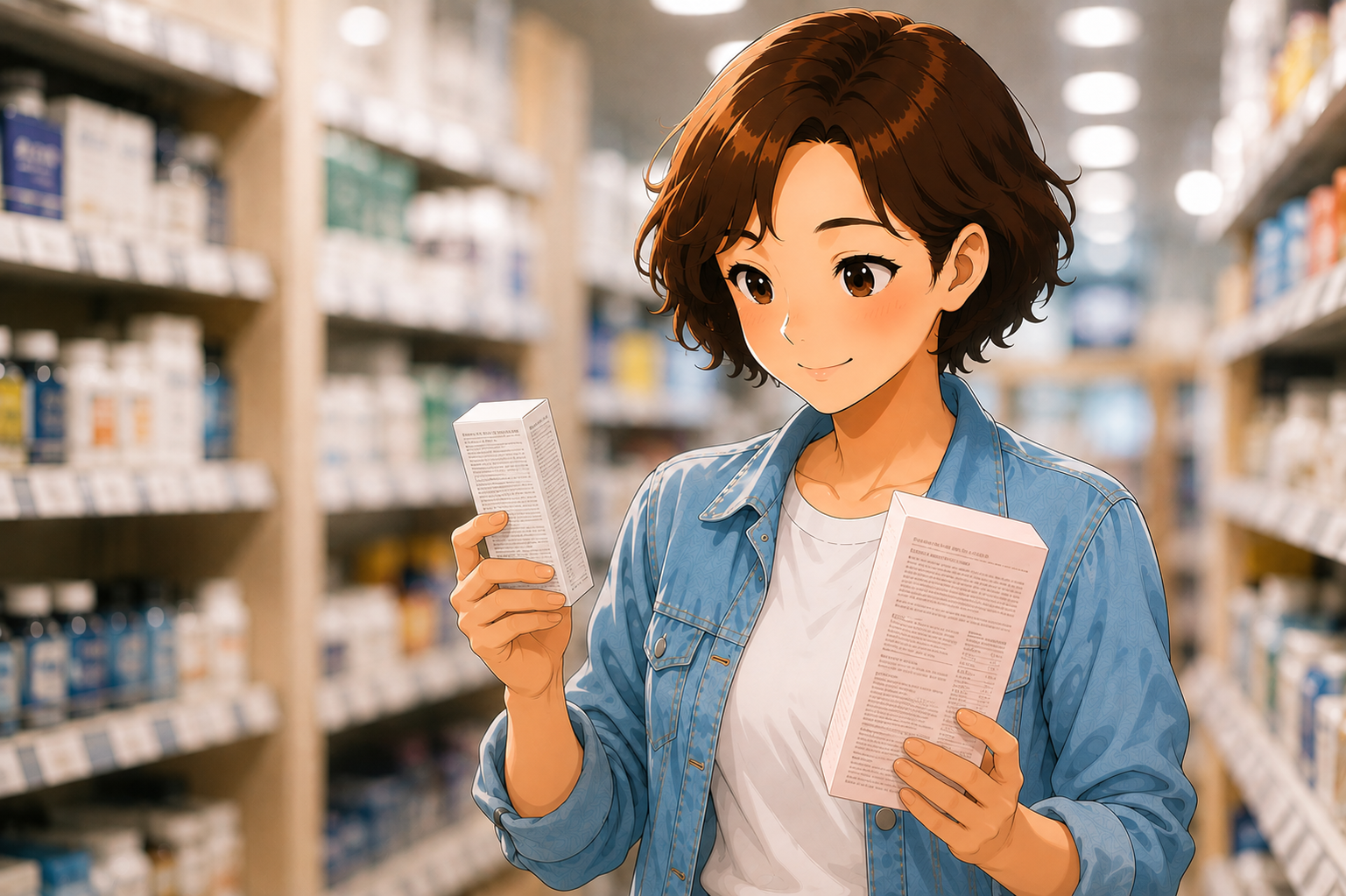 A woman in a shop aisle comparing two unlabelled cartons of different sizes