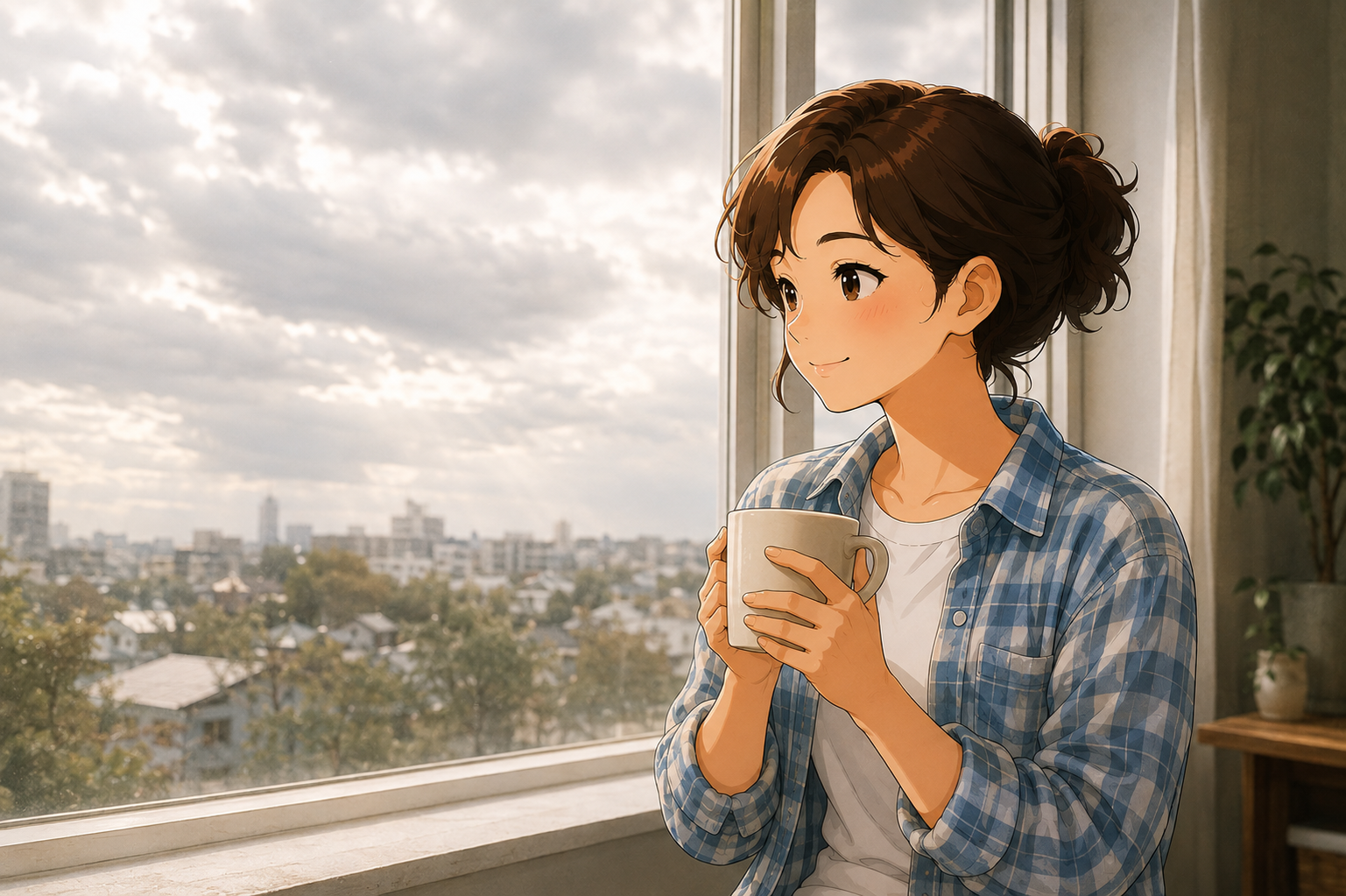 A woman by a window holding a warm mug in both hands, looking out at an overcast sky
