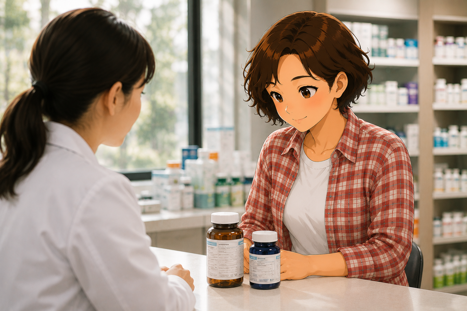 A woman placing two unlabelled supplement bottles on a consultation room desk