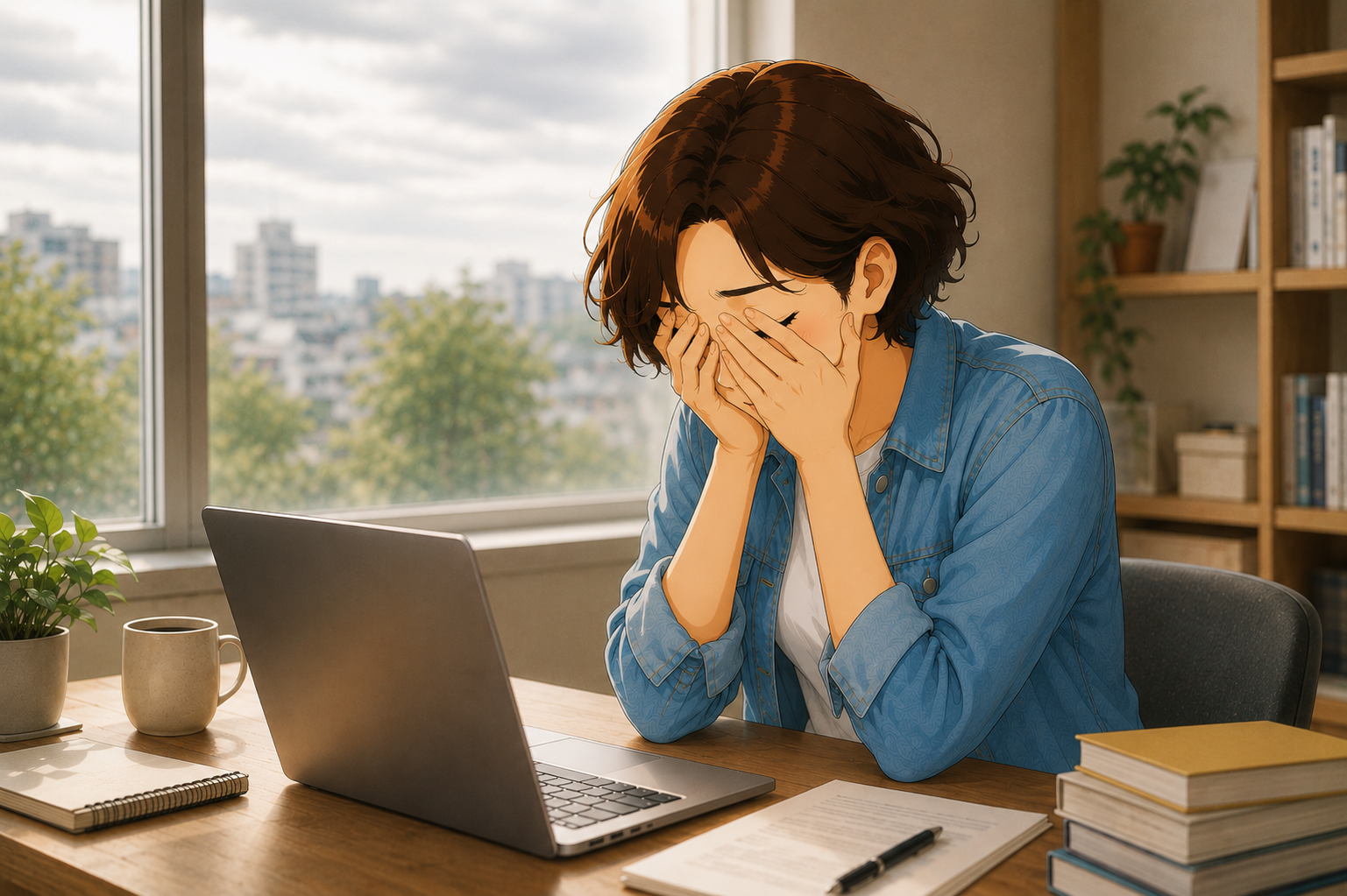 A woman at a desk pausing to close her eyes with her chin resting on one hand