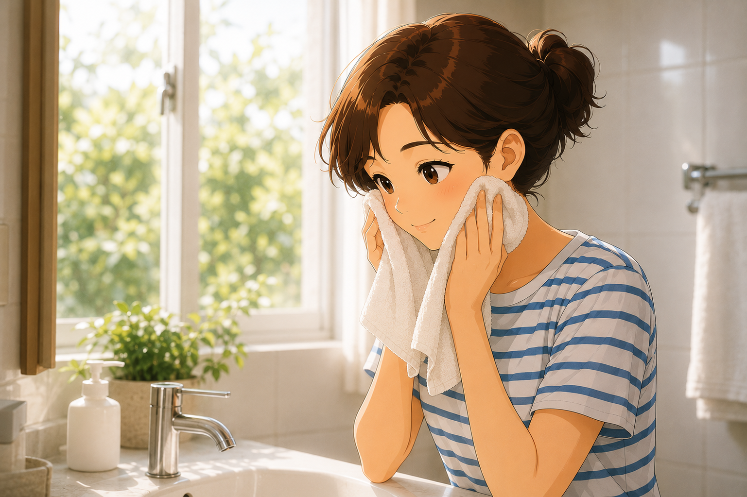 A woman at a bathroom basin patting her face dry with a soft towel in morning light
