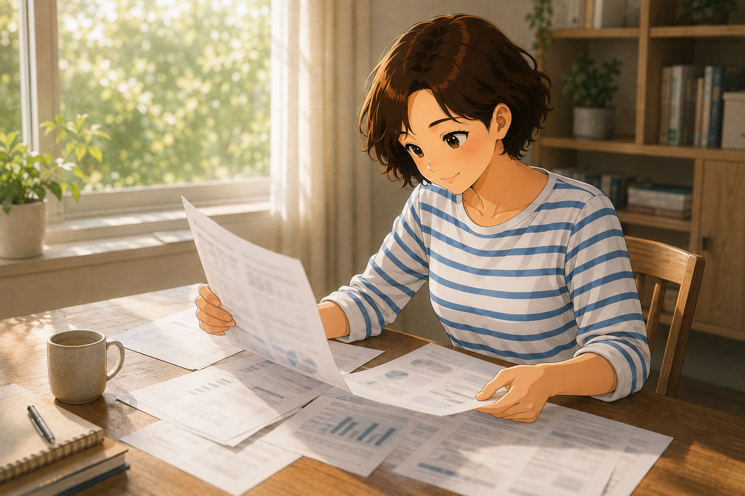 A woman at a dining table sorting through several printed result sheets spread in front of her