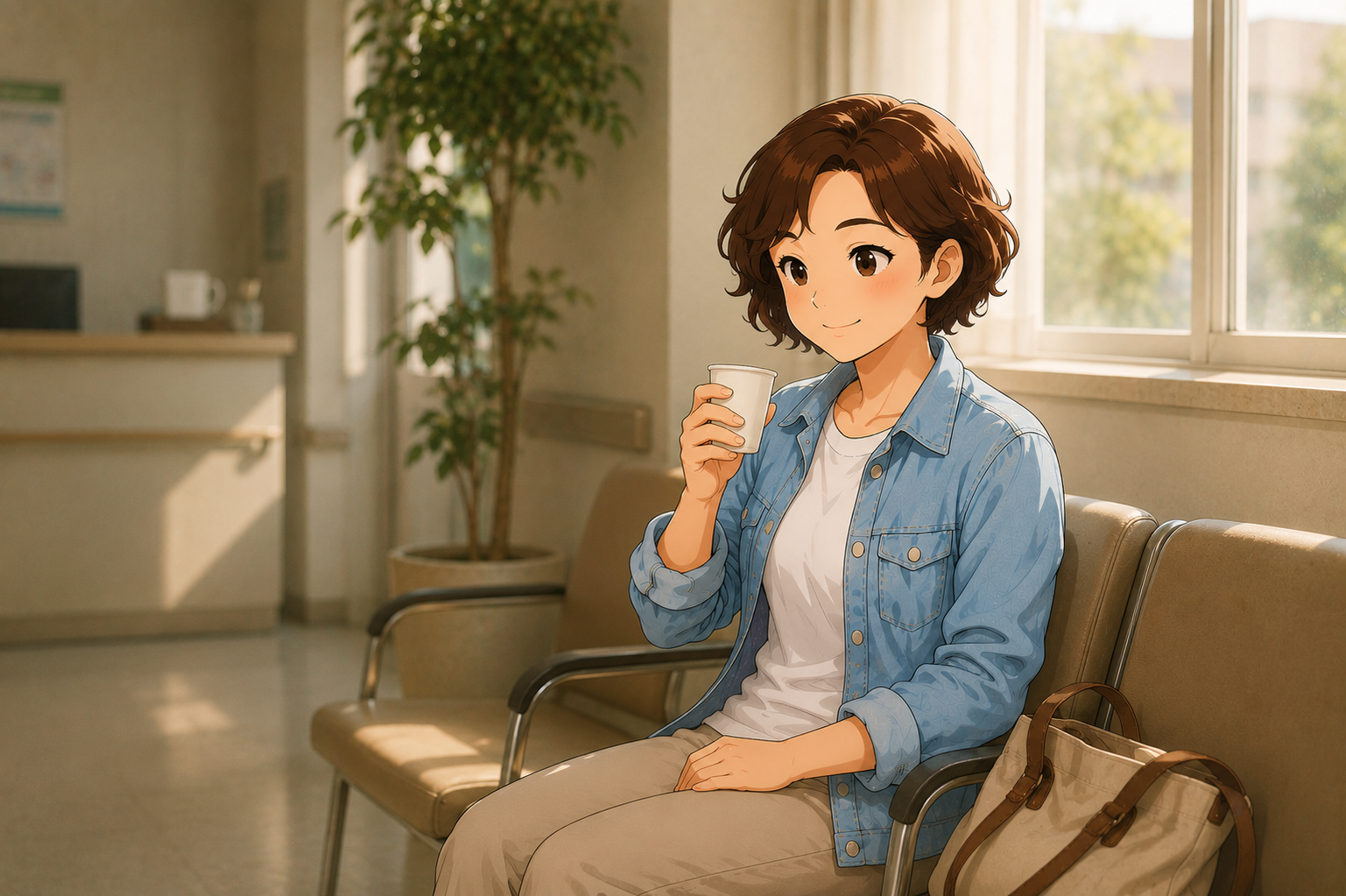 A woman seated in a clinic waiting area holding a small paper cup of water
