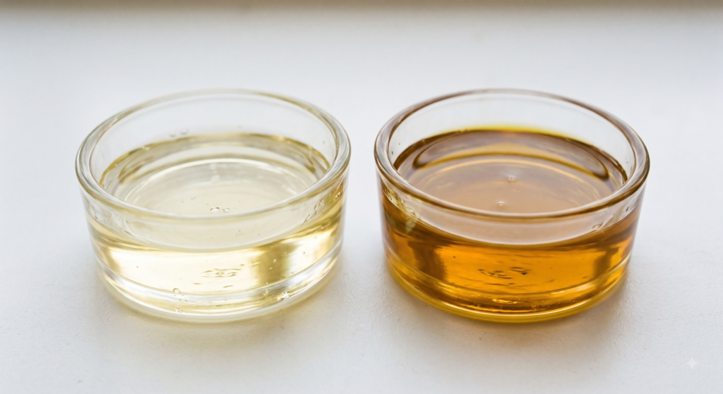 Two small glass dishes holding oils of noticeably different colour side by side
