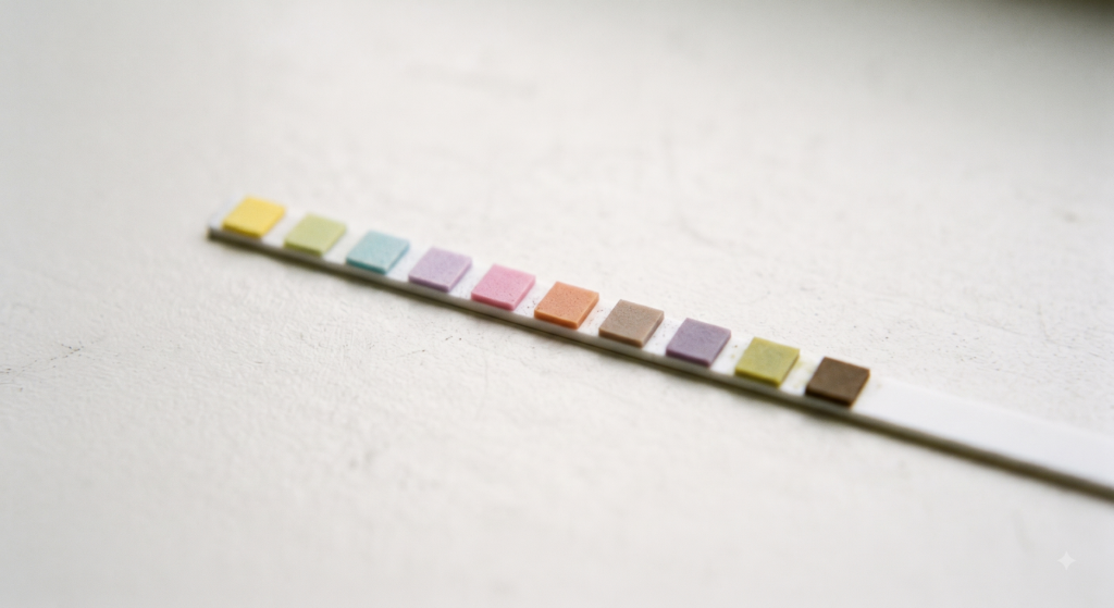 A plastic reagent test strip with a row of small coloured square pads on a white surface
