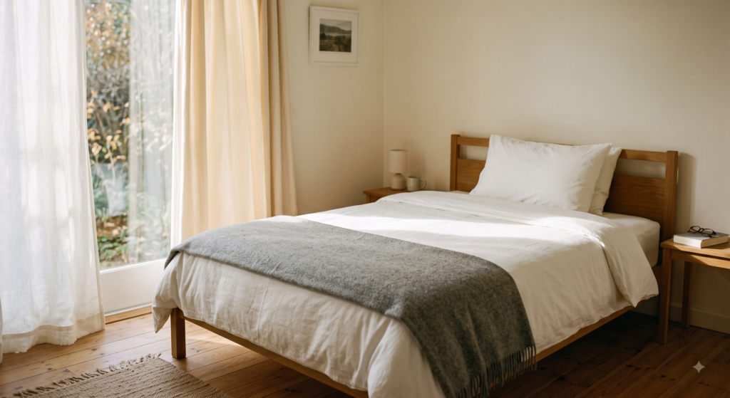 A neatly made bed with a single pillow in a quiet bedroom with morning light through a curtain