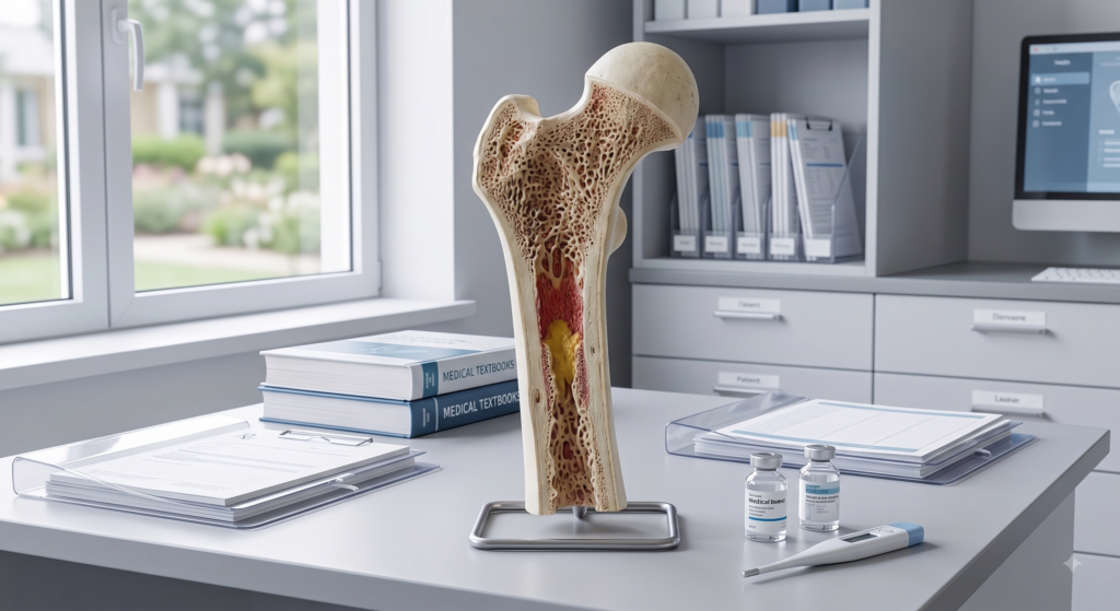 A cross-section anatomical model of bone showing its porous internal structure on a desk