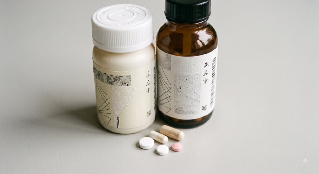 Two unlabelled pill bottles standing close together with a few tablets between themTwo unlabelled pill bottles standing close together with a few tablets between them