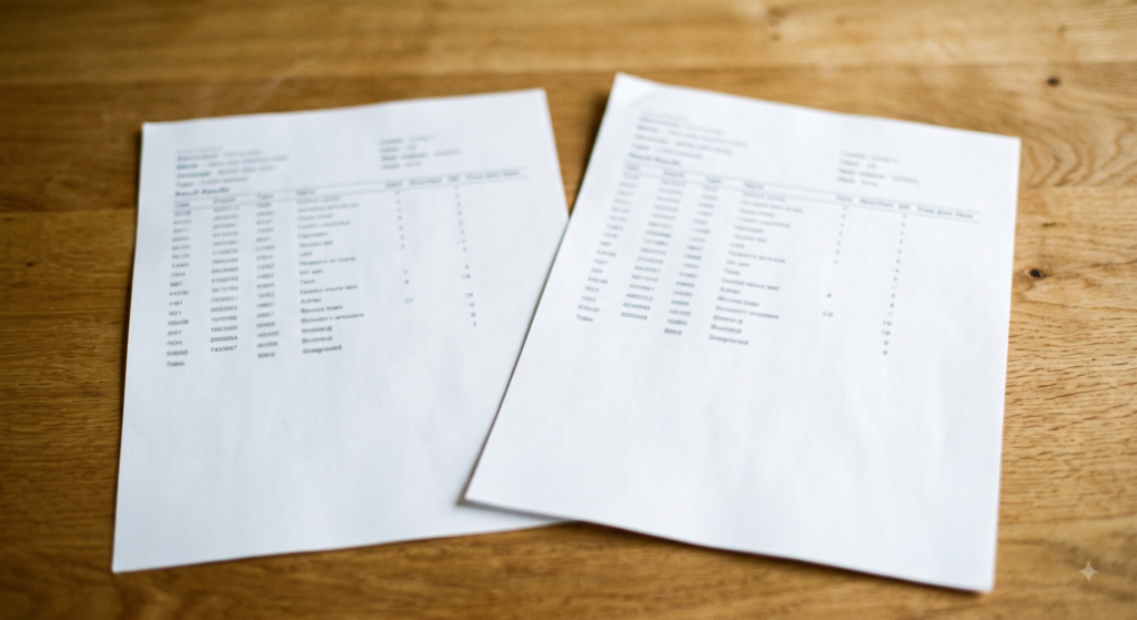Two printed result sheets laid flat side by side on a wooden table, slightly overlappingTwo printed result sheets laid flat side by side on a wooden table, slightly overlapping