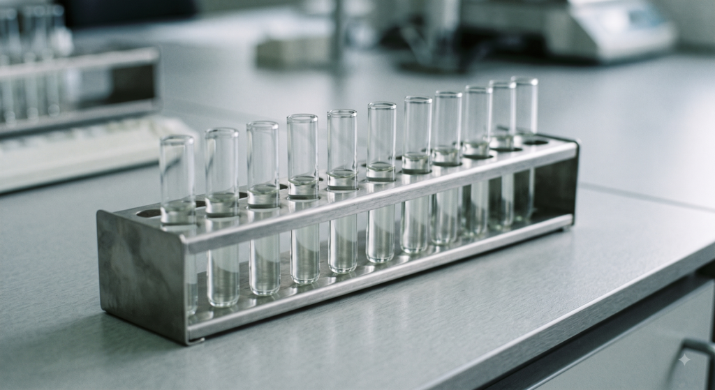 A row of small glass laboratory tubes in a metal rack on a clinical bench