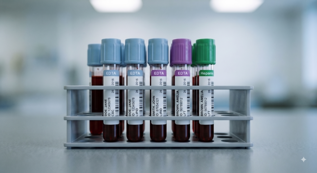 A single blood collection tube with a coloured cap standing upright on a clinical bench