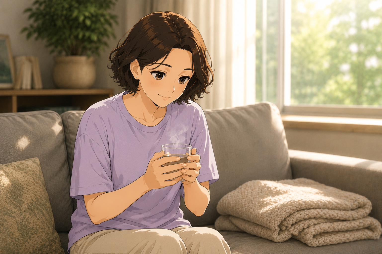 A woman on a sofa holding a glass of water in both hands, looking down thoughtfully