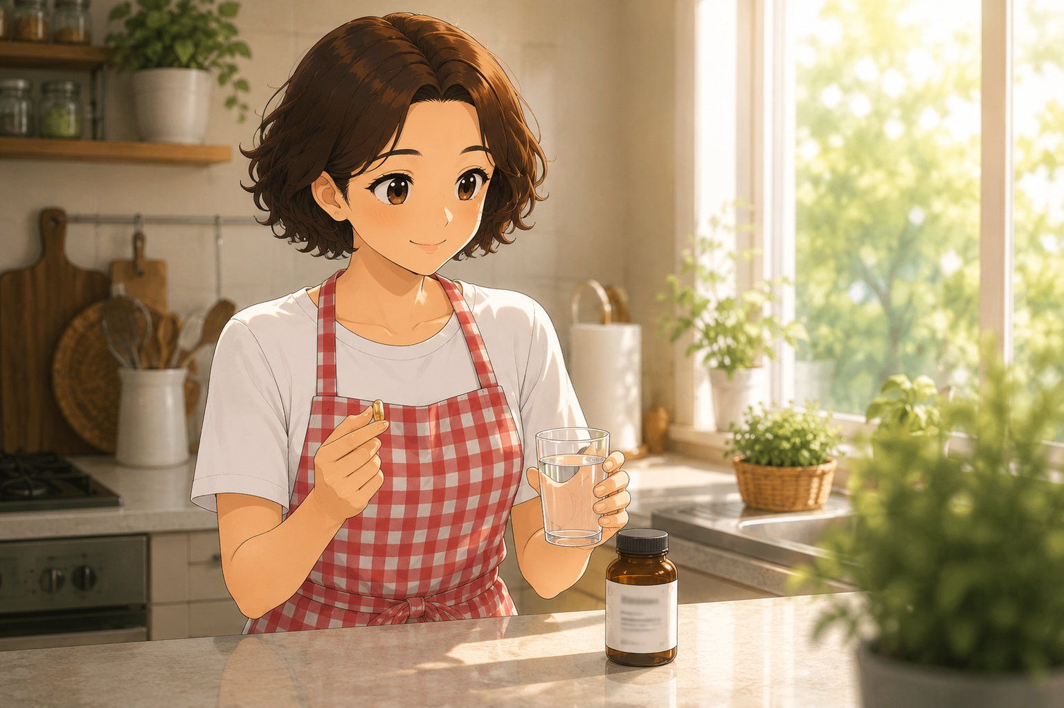 A woman at a kitchen counter holding a capsule and a glass of water beside an unlabelled bottle