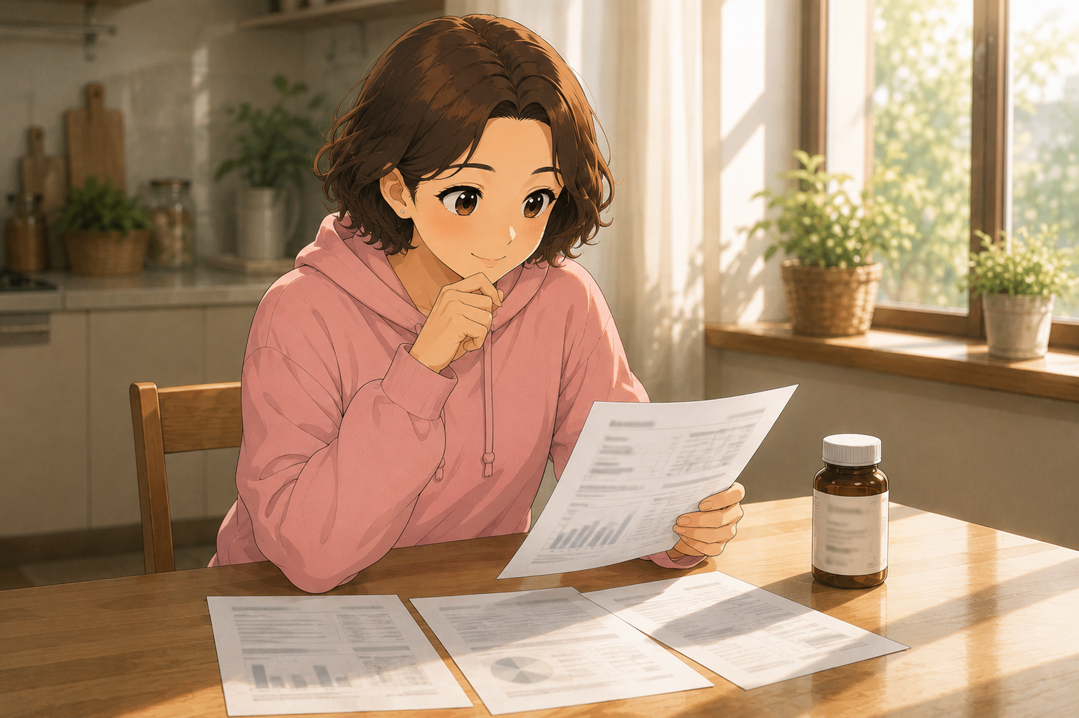 A woman at a kitchen table with a printed lab result sheet and an unlabelled supplement bottleA woman at a kitchen table with a printed lab result sheet and an unlabelled supplement bottle