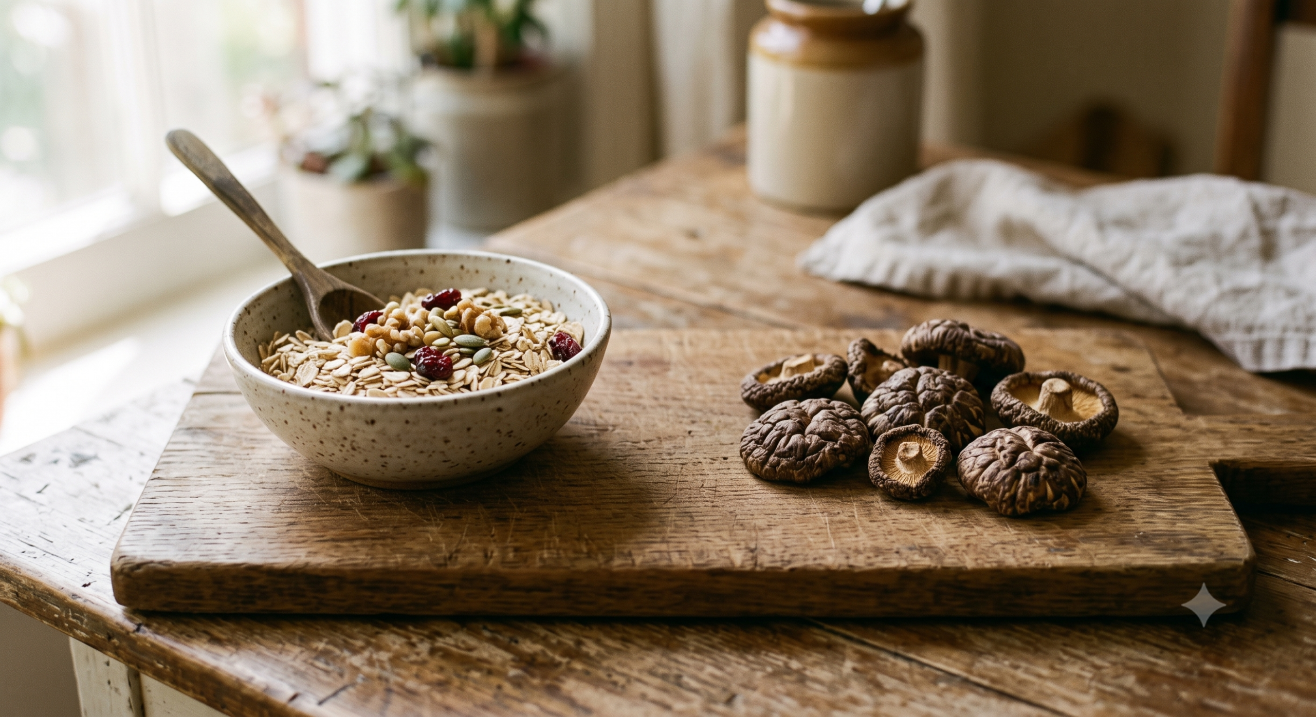 A bowl of rolled oats and dried shiitake mushrooms placed apart on a wooden board