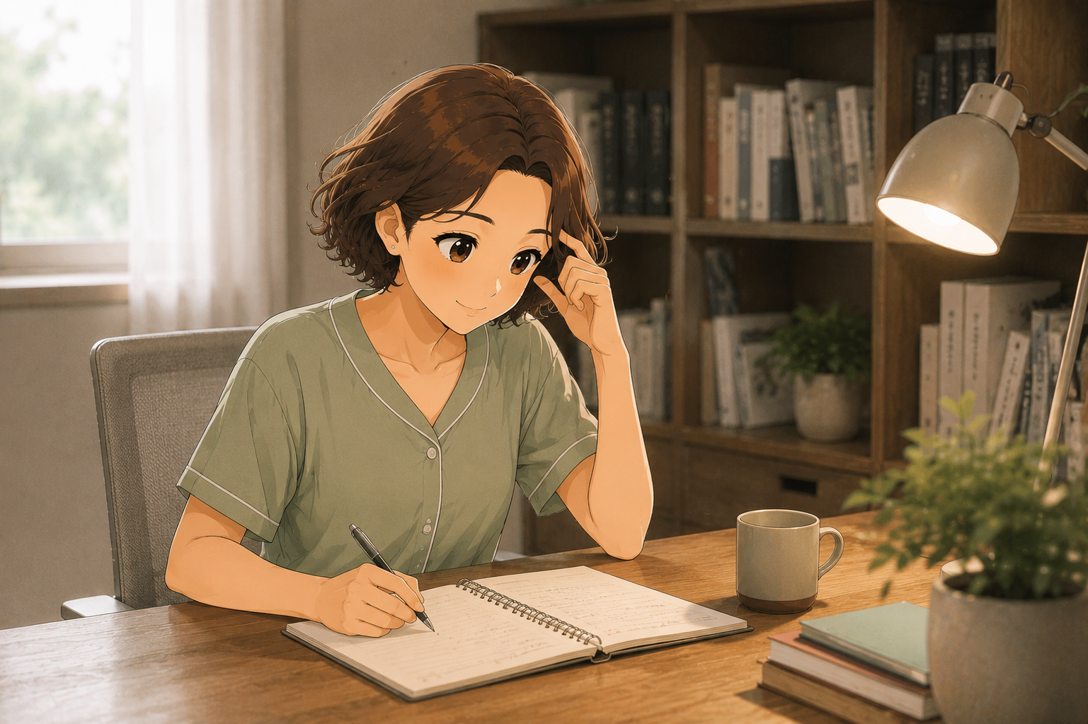 A woman at a desk pausing mid-thought with one hand near her temple, an open notebook in front of her