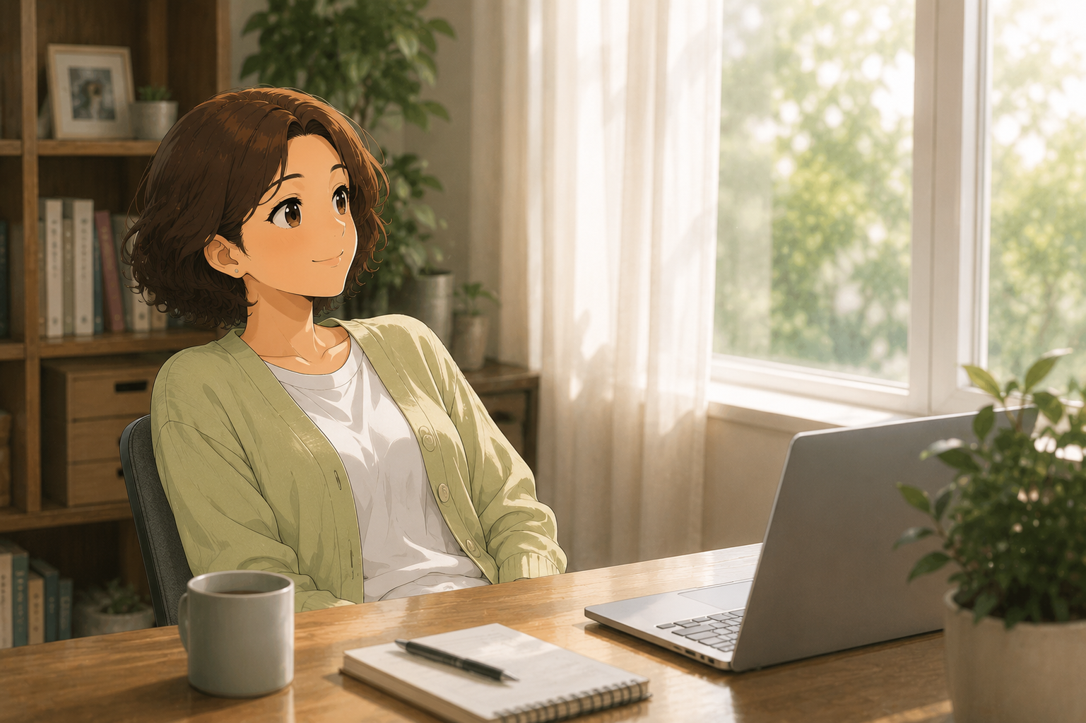 A woman at a desk leaning back from a laptop to look toward a bright window