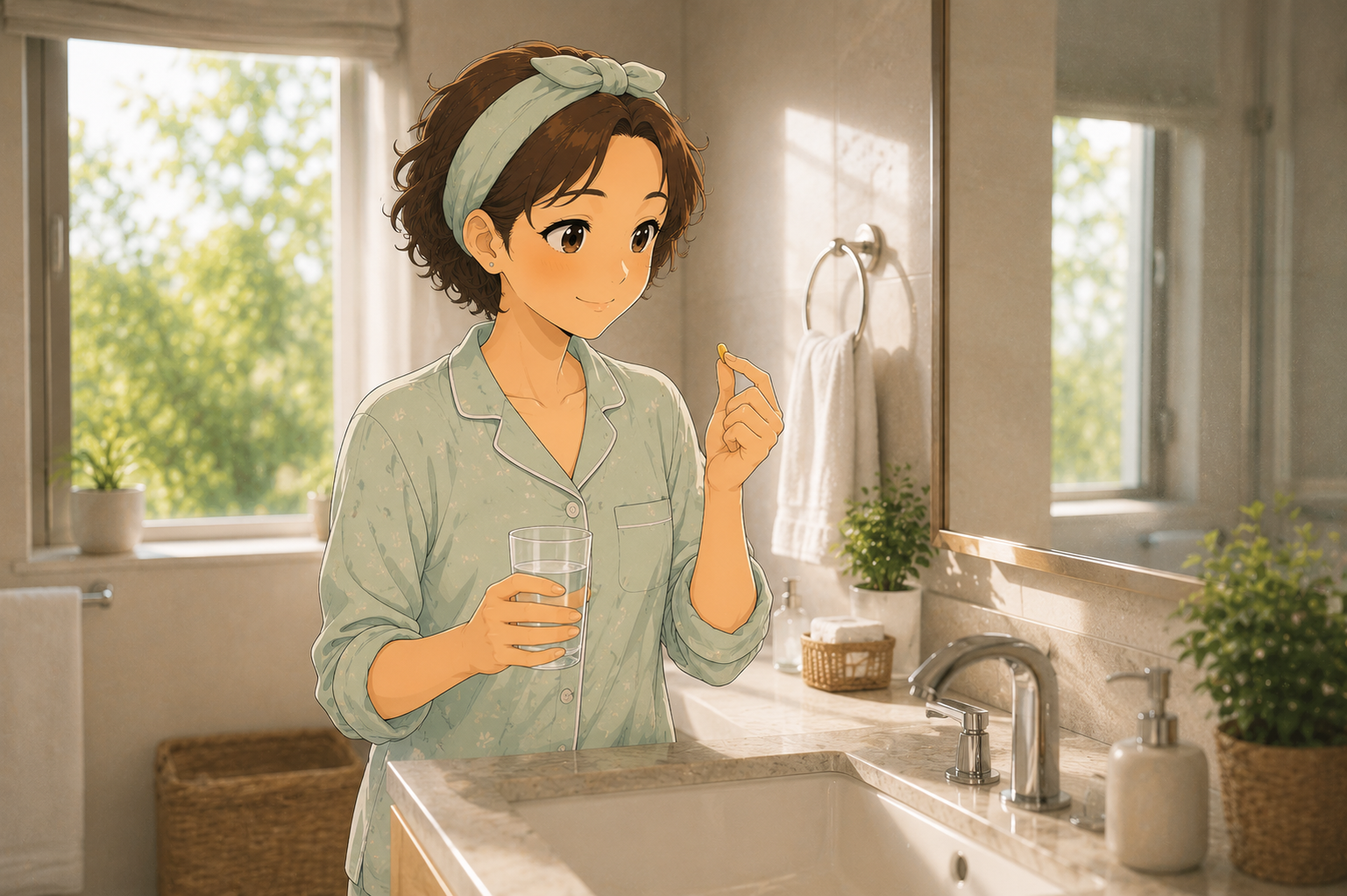 A woman at a bathroom basin holding a small unlabelled bottle and a glass of water