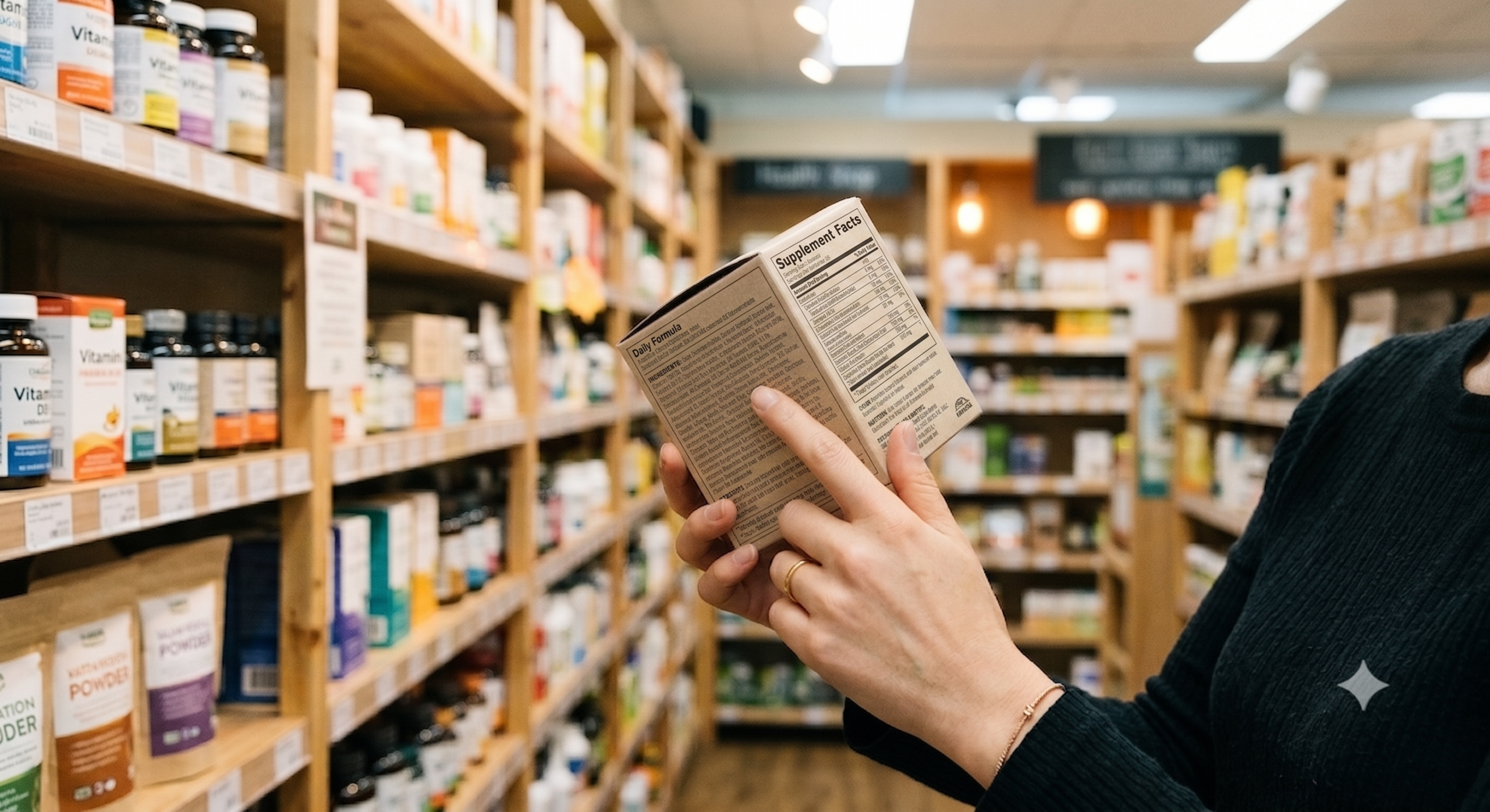 A woman in a shop aisle holding an unlabelled supplement carton up close and examining one corner