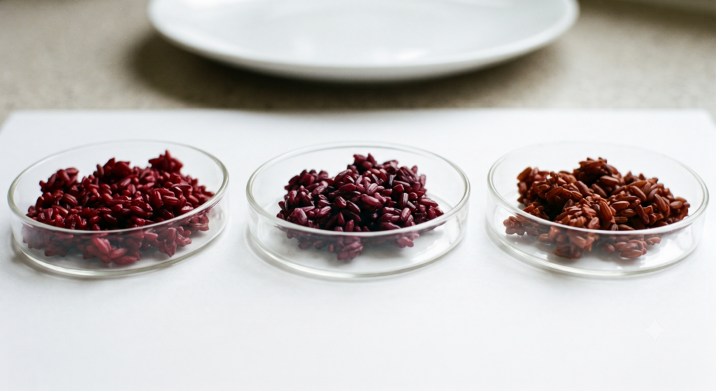 Three small dishes holding deep red fermented rice grains of slightly different shades