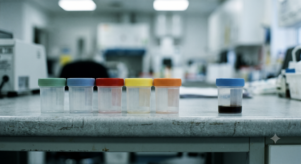 A row of small unlabelled specimen containers with coloured lids on a clinical bench