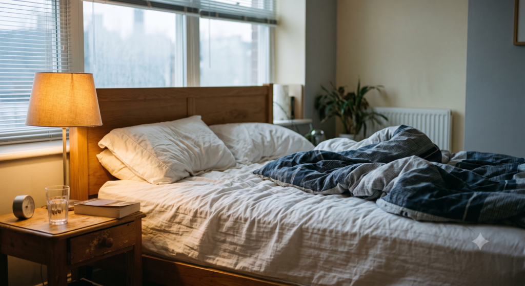 A rumpled bed with covers pushed aside in early morning light, a bedside lamp still on