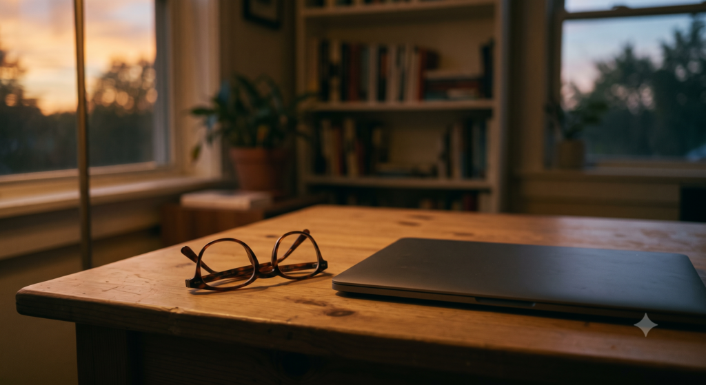 A pair of reading glasses folded on a desk beside a closed laptop in evening light