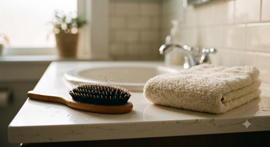 A hairbrush on a bathroom counter beside a folded towel, a few strands caught in the bristles