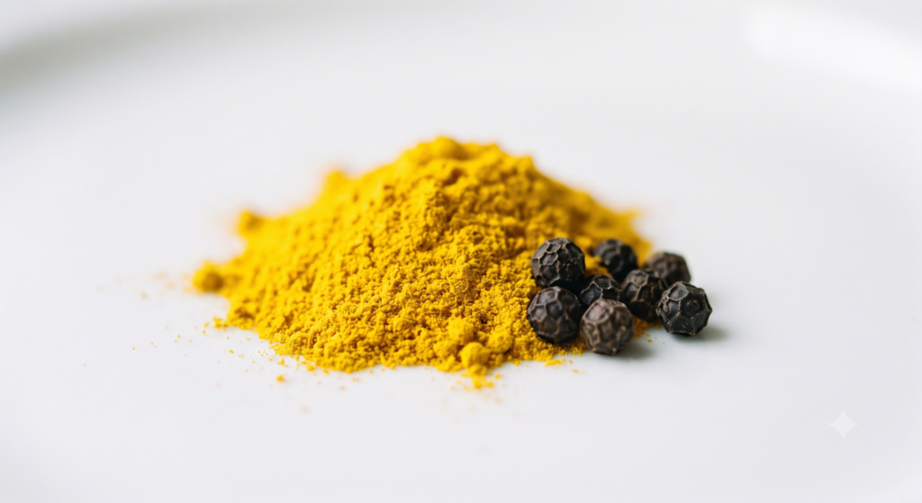 A pile of bright yellow ground turmeric beside a few whole peppercorns on a white surface